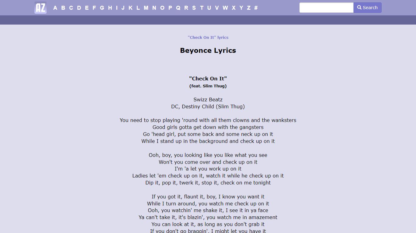 Beyonce - Check On It Lyrics | AZLyrics.com